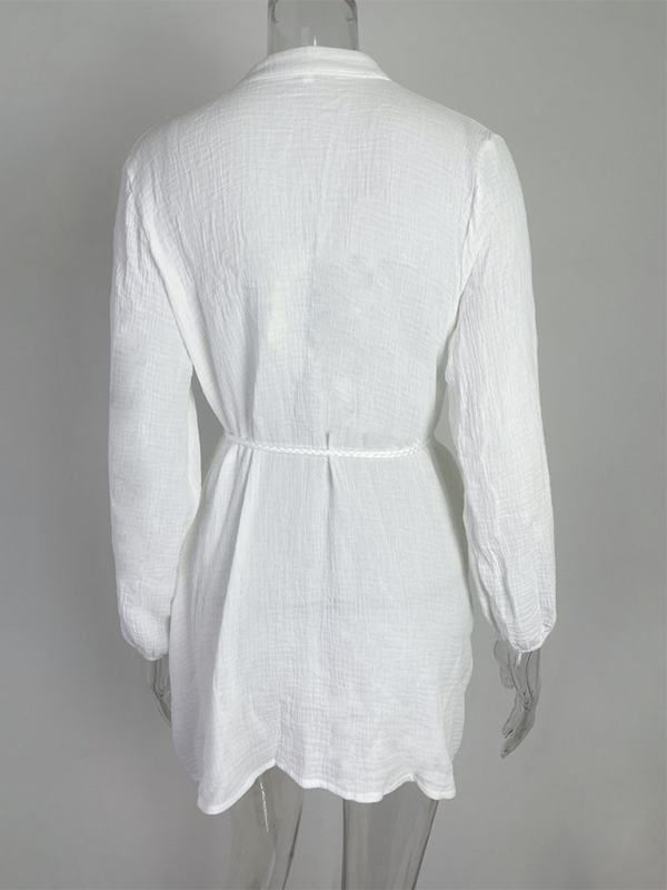 Women’s Temperament Sexy Solid Color Tie Button Lotus Leaf Dress