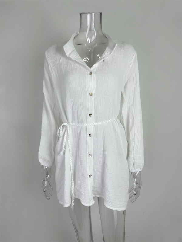 Women’s Temperament Sexy Solid Color Tie Button Lotus Leaf Dress