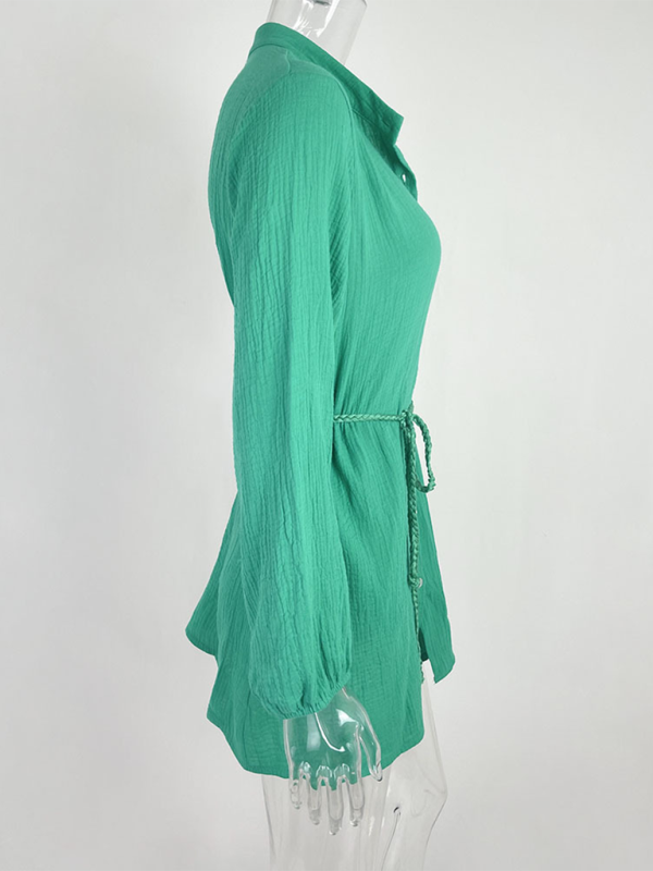 Women’s Temperament Sexy Solid Color Tie Button Lotus Leaf Dress