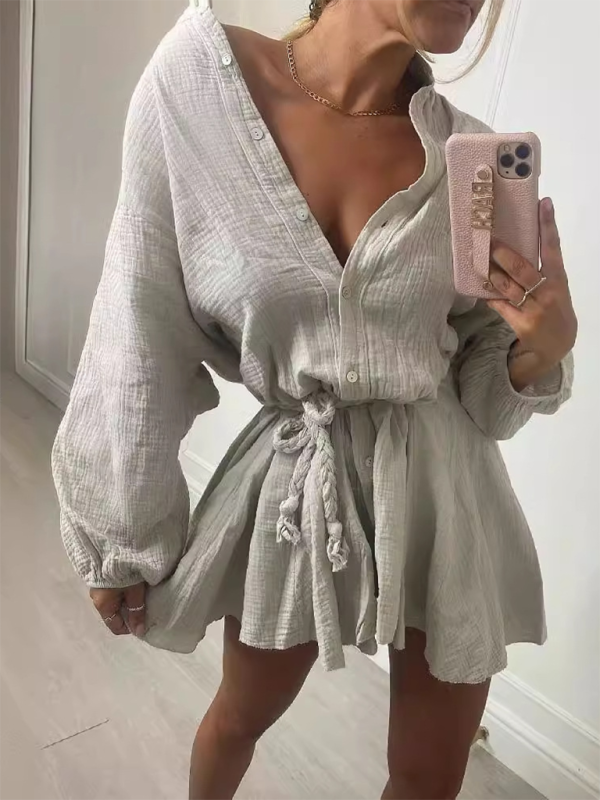 Women’s Temperament Sexy Solid Color Tie Button Lotus Leaf Dress - Grey / S