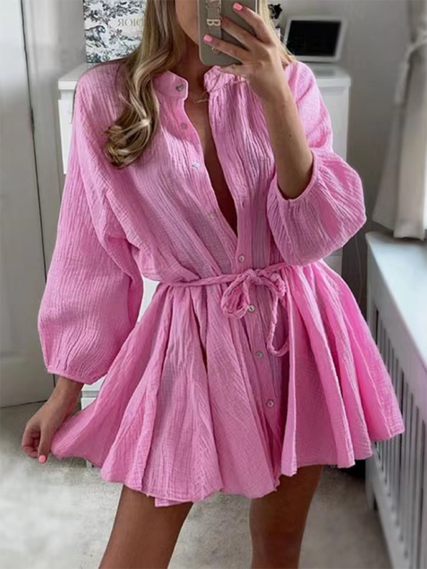 Women’s Temperament Sexy Solid Color Tie Button Lotus Leaf Dress - Rose / S