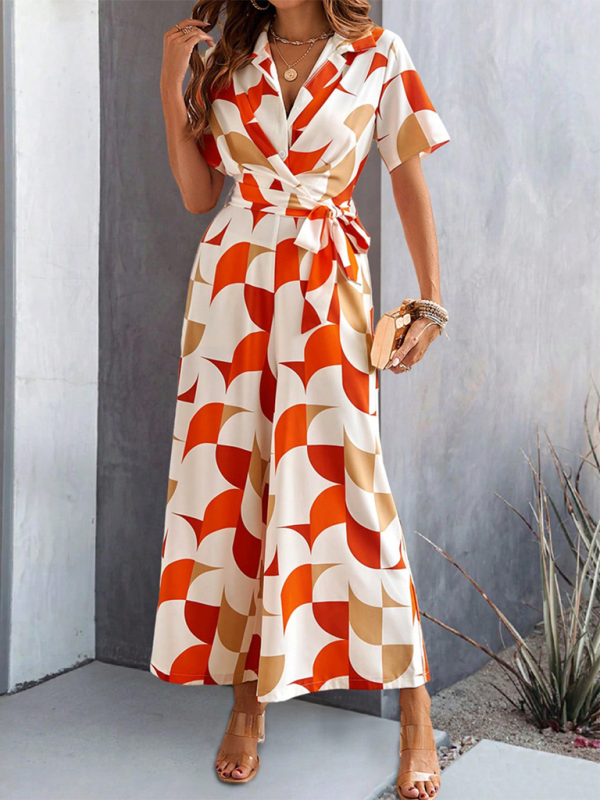 Geometric-patterned wrap dress from Women’s Temperament Short Sleeve Contrast Color Print High Waist Jumpsuit