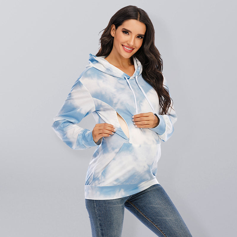 Women’s Tie Dye Breastfeeding Loose Maternity Hoodies - Blue / S