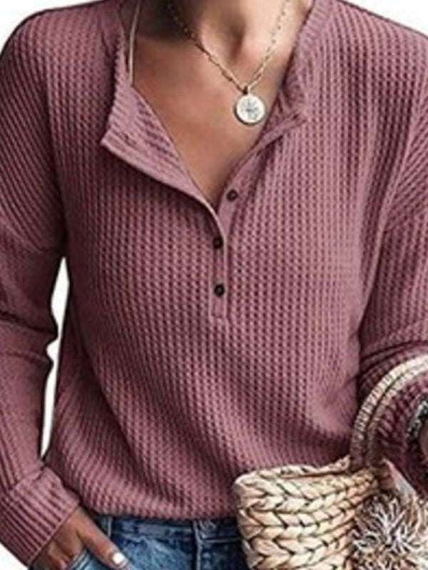 Women’s Tops Round Neck Open Tube Long Sleeve Solid Color T-Shirt - Red bean grey / S
