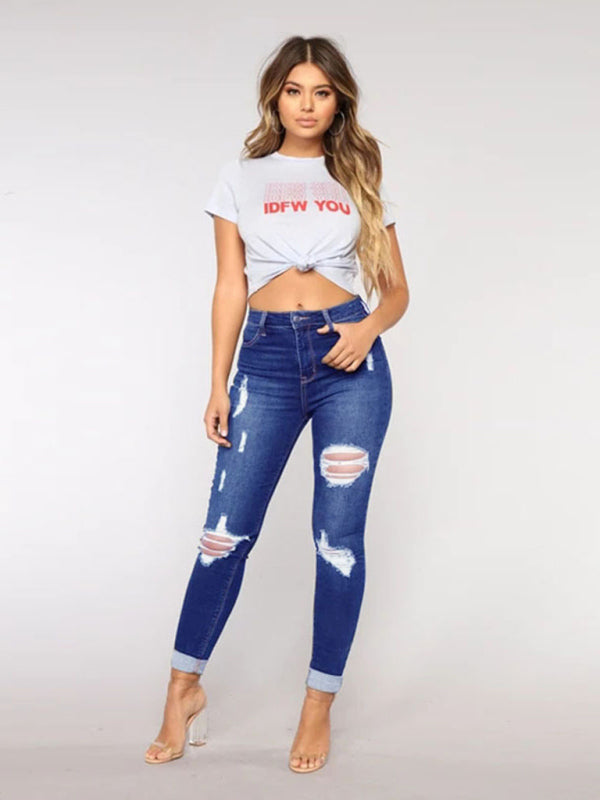 Women’s trendy fashion ripped washed jeans