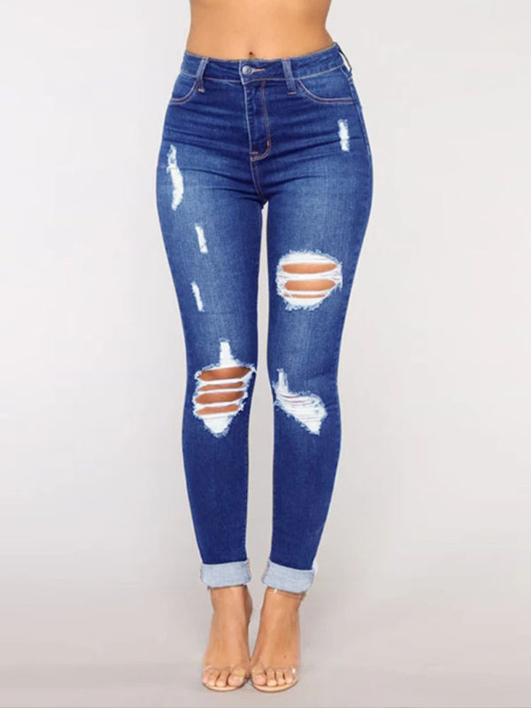 Women’s trendy fashion ripped washed jeans - Blue / S