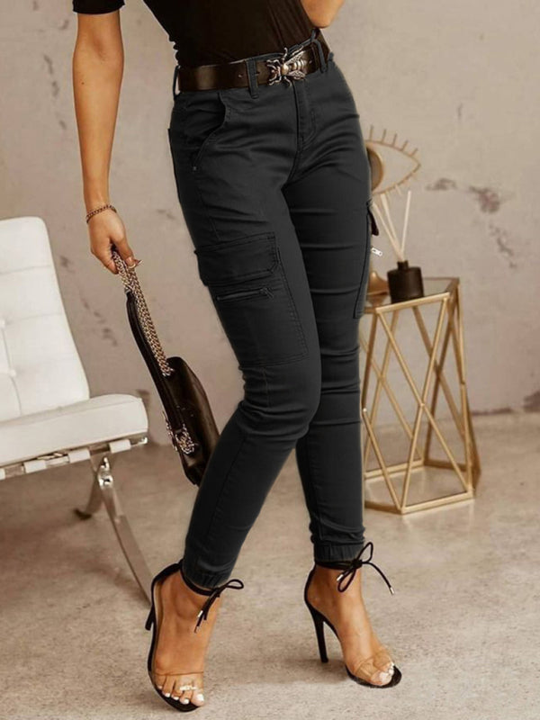 Women’s trousers Low waist button solid color pocket bound overalls - Black / S