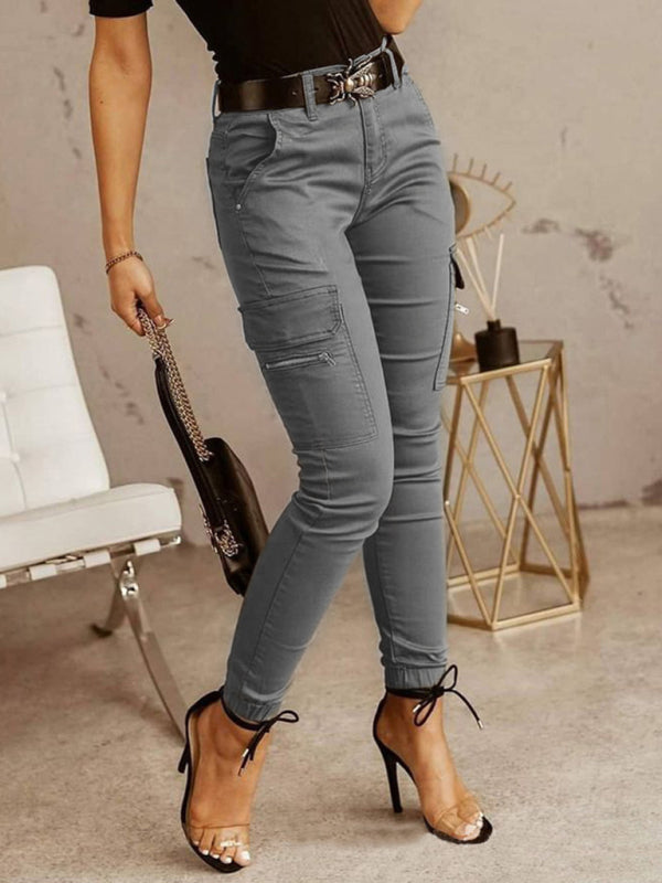 Women’s trousers Low waist button solid color pocket bound overalls - Grey / S