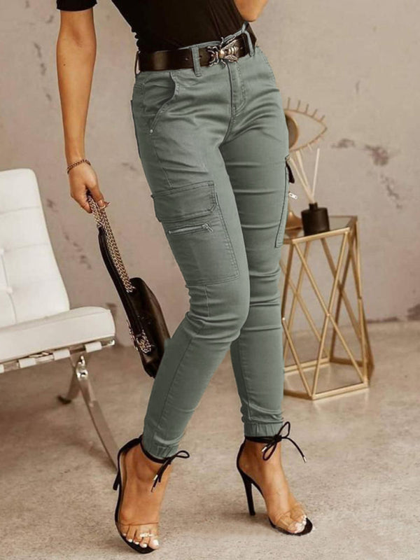 Women’s trousers Low waist button solid color pocket bound overalls