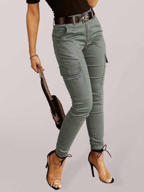 Women’s trousers Low waist button solid color pocket bound overalls - Green / S