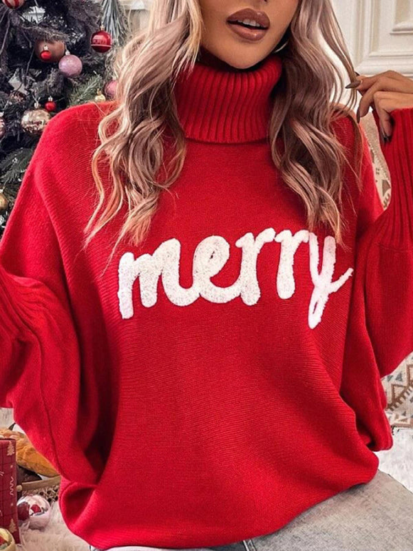 Women’s turtleneck loose bat sleeves letter sweater