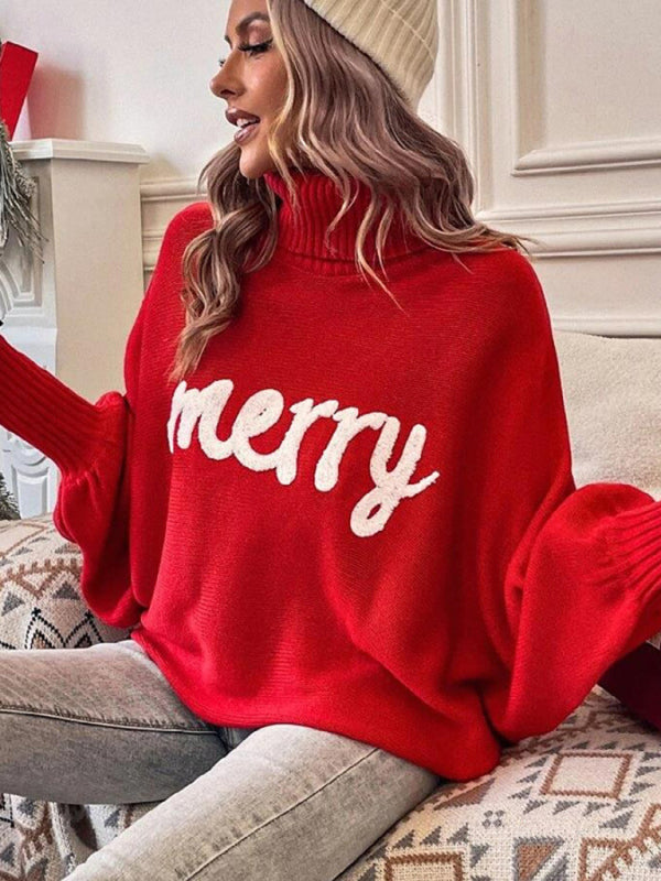 Women’s turtleneck loose bat sleeves letter sweater