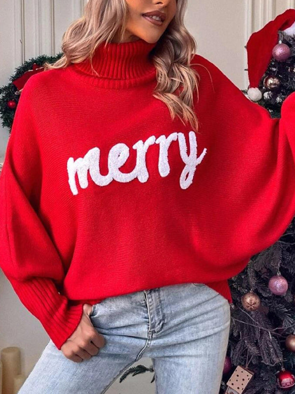Women’s turtleneck loose bat sleeves letter sweater - Red / S