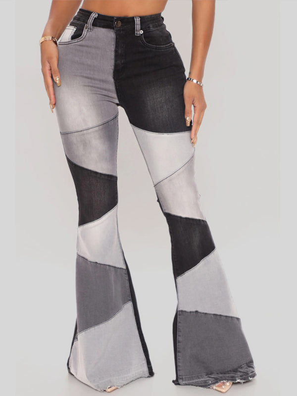 Women’s two-color splicing street washed flared jeans - Black / S