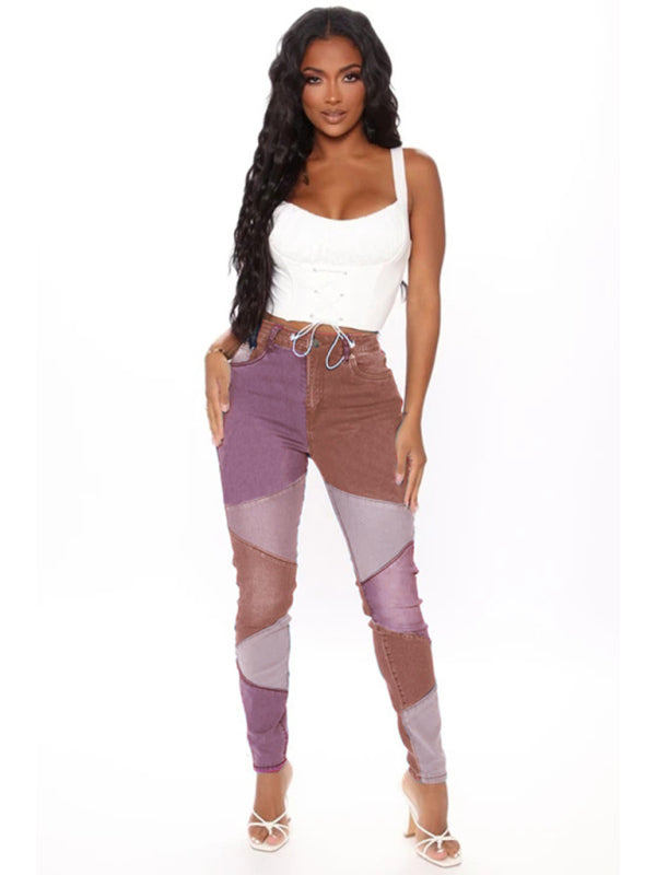 Women’s Two-color Stitching Street Wash High Waist Skinny Jeans - Purple / S