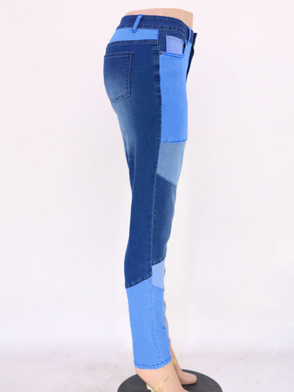 Women’s Two-color Stitching Street Wash High Waist Skinny Jeans
