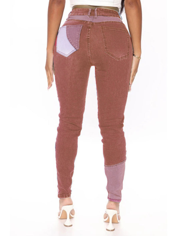 Women’s Two-color Stitching Street Wash High Waist Skinny Jeans