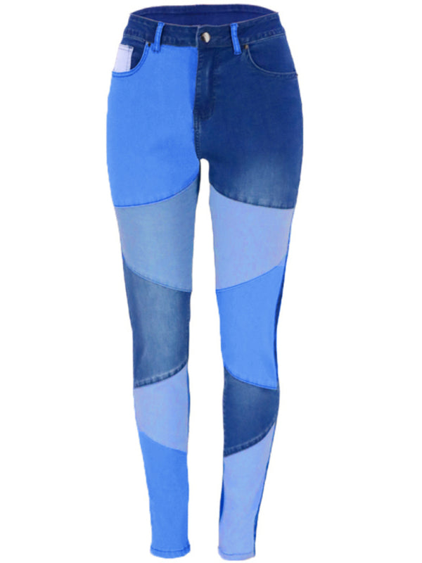 Women’s Two-color Stitching Street Wash High Waist Skinny Jeans