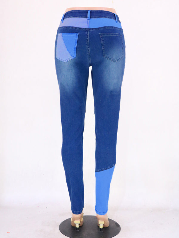 Women’s Two-color Stitching Street Wash High Waist Skinny Jeans - Blue / S