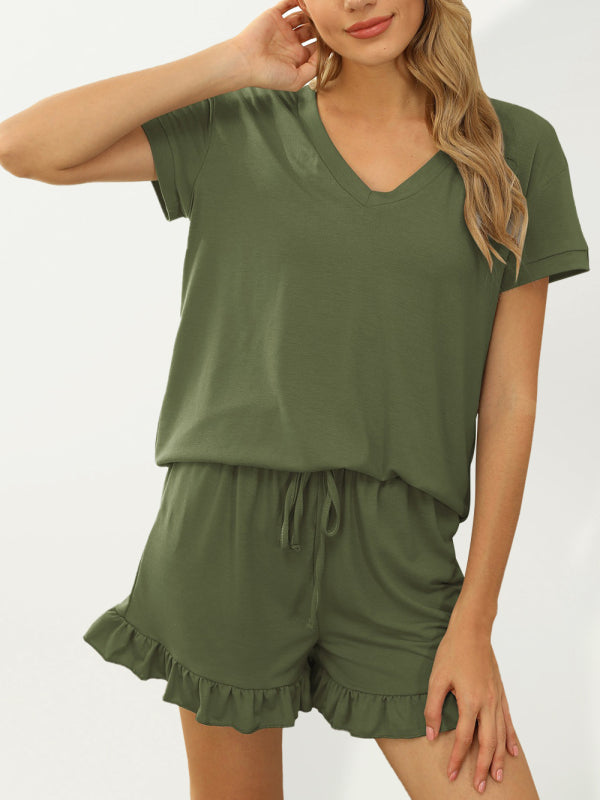 Women’s Two-piece Casual Drawstring Shorts Short Sleeve Pajamas - Green / S