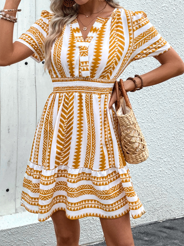 Women’s V Neck Bohemian V Neck Short Sleeve Printed Dress - Yellow / S