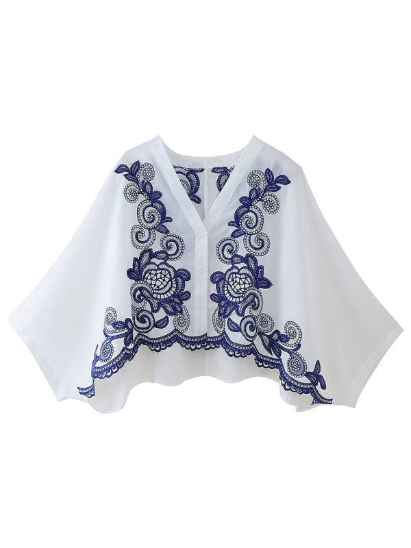 Women’s V-neck embroidered contrast bat sleeve shirt - White / XS