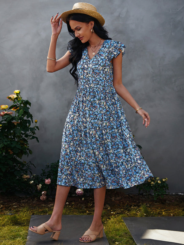 Women's V-neck flying sleeve floral dress long skirt - Closther