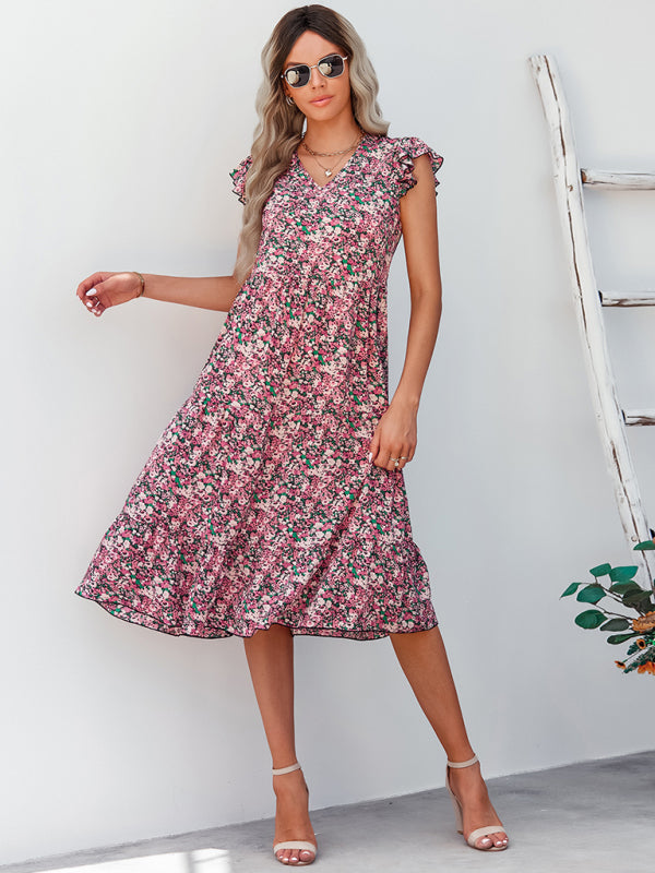 Women's V-neck flying sleeve floral dress long skirt - Closther