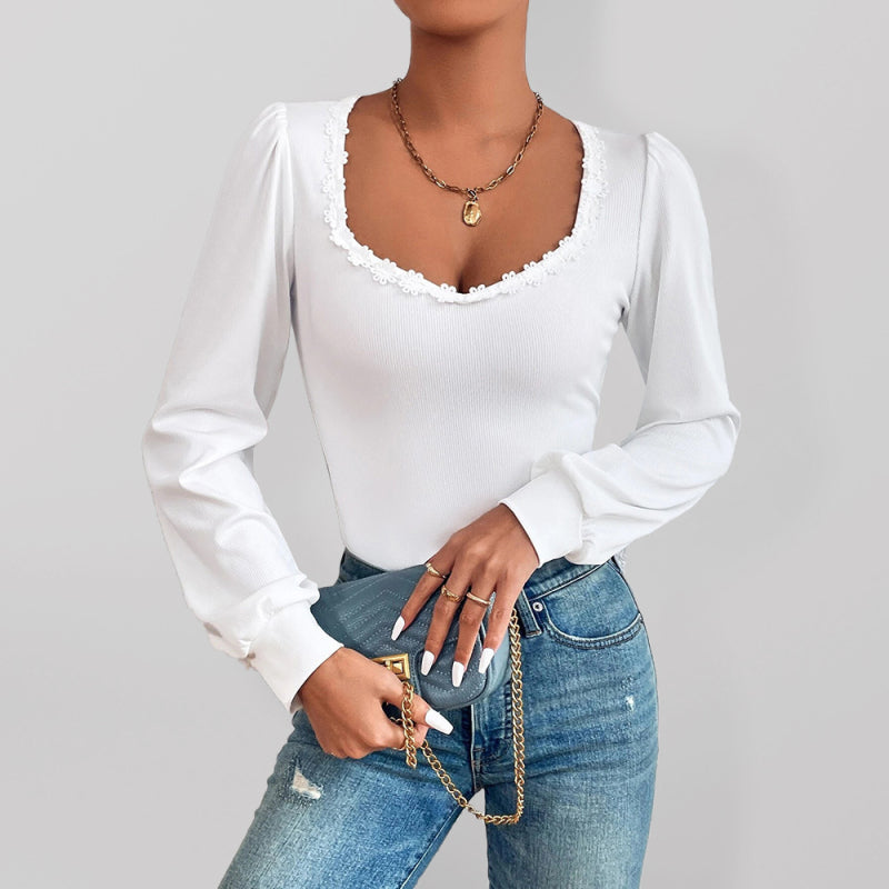 Women’s V-neck Puff Sleeve Slim Fit Fashion Versatile Ladies T-Shirt Long Sleeve Lace French Top - White / S