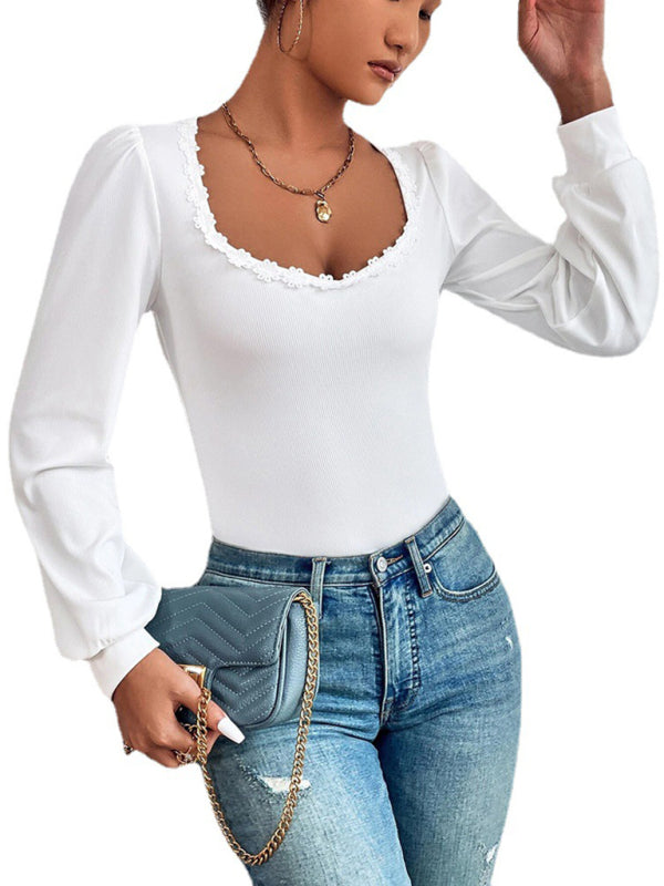 Women’s V-neck Puff Sleeve Slim Fit Fashion Versatile Ladies T-Shirt Long Sleeve Lace French Top