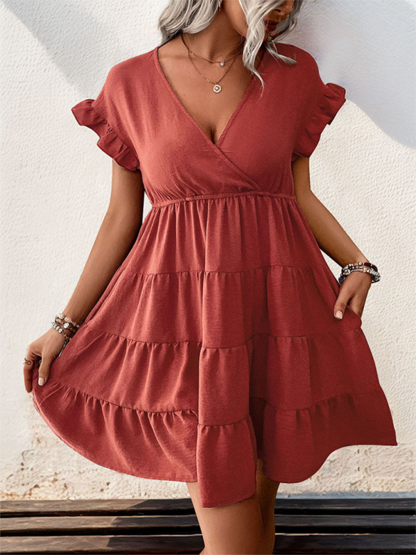 Women’s v-neck raglan sleeve solid color dress - Orange Red / S