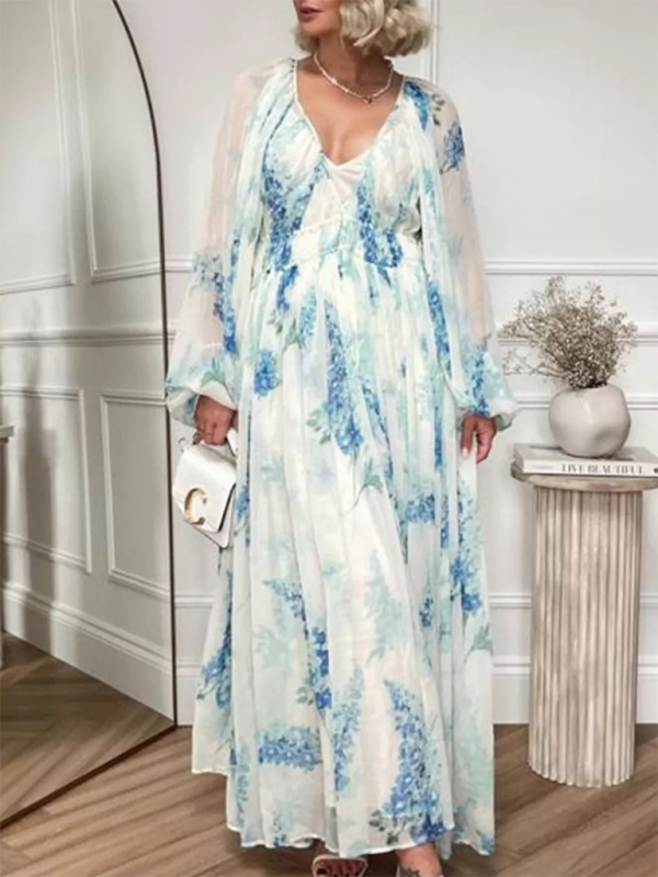 Women’s V-neck see-through pleated waist drawstring long-sleeved printed chiffon dress