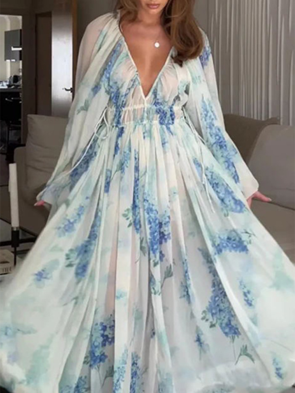 Women’s V-neck see-through pleated waist drawstring long-sleeved printed chiffon dress