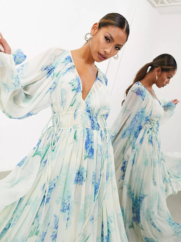 Women’s V-neck see-through pleated waist drawstring long-sleeved printed chiffon dress