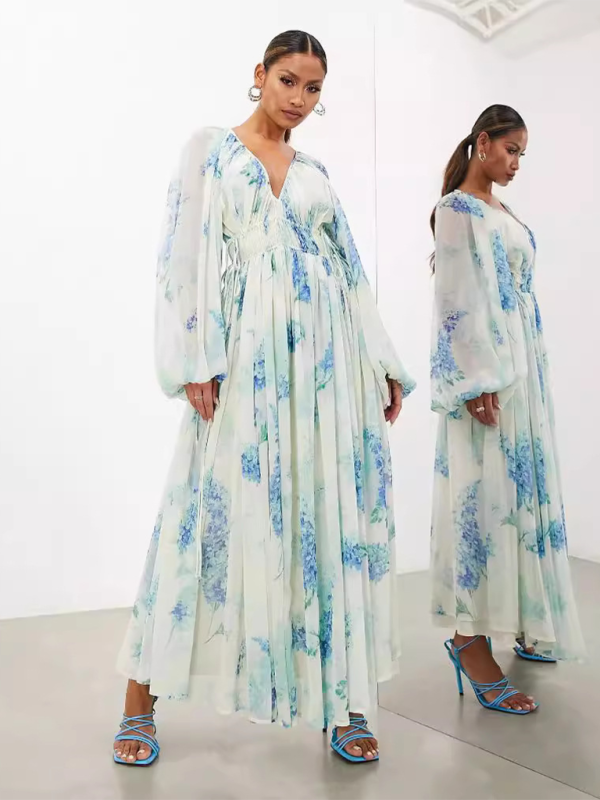 Women’s V-neck see-through pleated waist drawstring long-sleeved printed chiffon dress - Blue / S