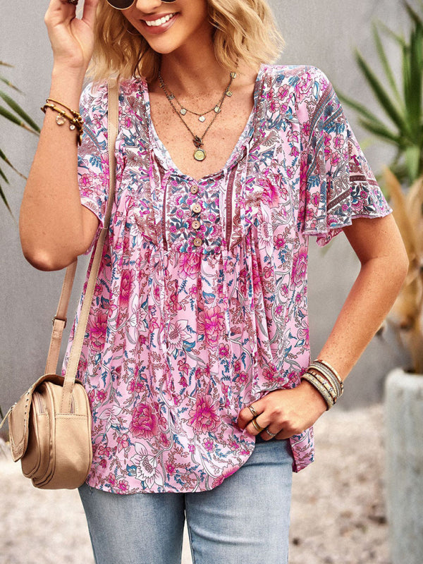 Women’s V Neck Short Sleeve Printed Short Sleeve Shirt - Pink / S