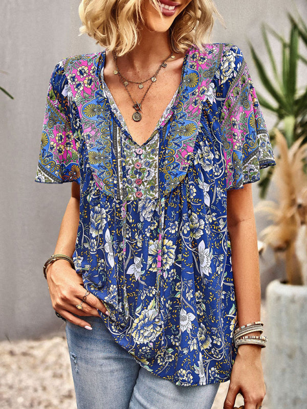 Women’s V Neck Short Sleeve Printed Short Sleeve Shirt - Purplish blue navy / S