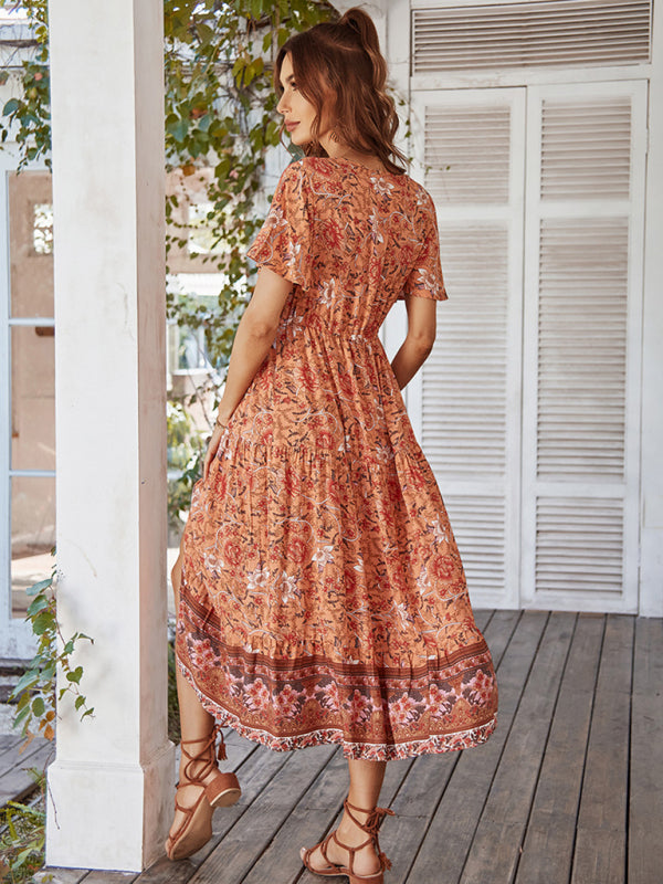 Women’s V-neck short-sleeved bohemian long-sleeved dress