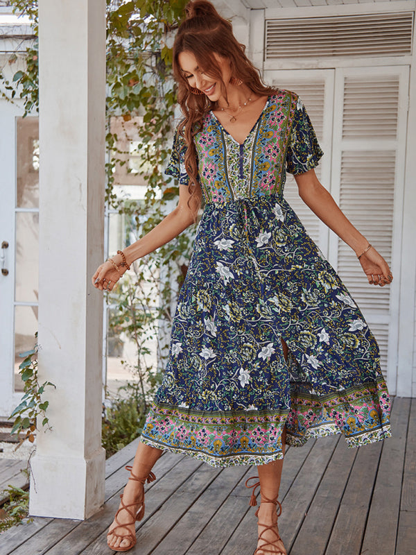 Women’s V-neck short-sleeved bohemian long-sleeved dress