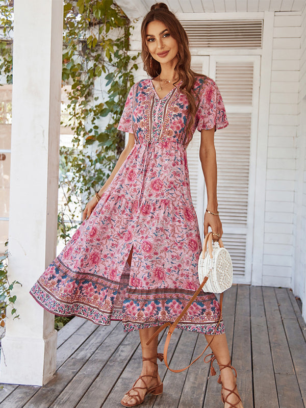 Women’s V-neck short-sleeved bohemian long-sleeved dress