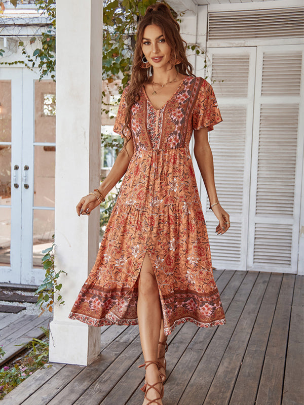 Women’s V-neck short-sleeved bohemian long-sleeved dress