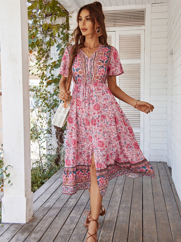 Women’s V-neck short-sleeved bohemian long-sleeved dress