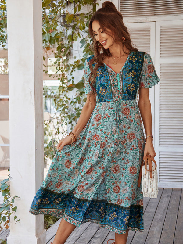 Women’s V-neck short-sleeved bohemian long-sleeved dress
