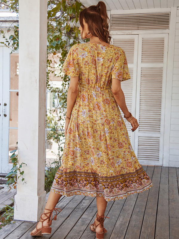 Women’s V-neck short-sleeved bohemian long-sleeved dress