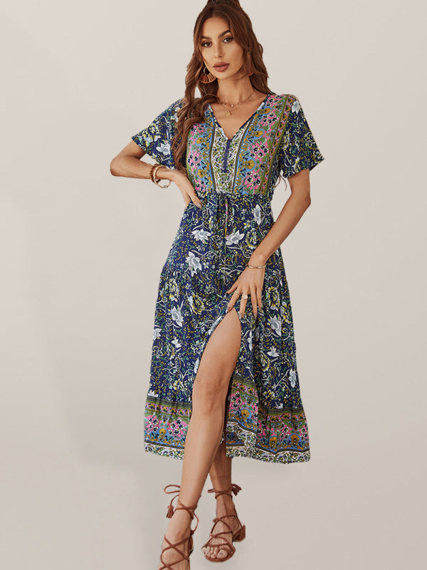Women’s V-neck short-sleeved bohemian long-sleeved dress - Champlain color / S