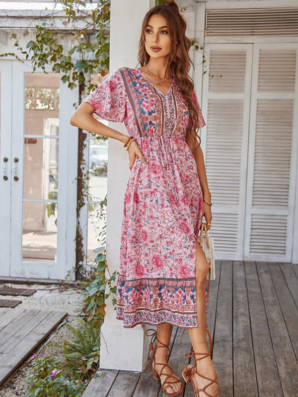 Women’s V-neck short-sleeved bohemian long-sleeved dress - Pink / S