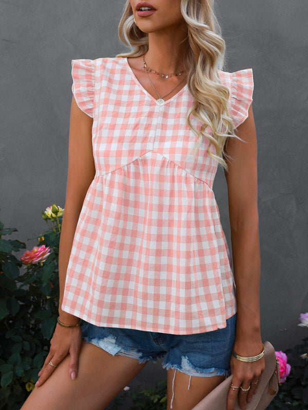 Women's V-neck sleeveless Plaid top - Closther