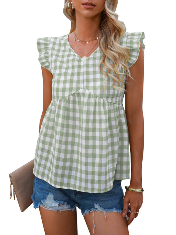 Women's V-neck sleeveless Plaid top - Closther