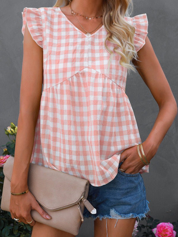 Women's V-neck sleeveless Plaid top - Closther