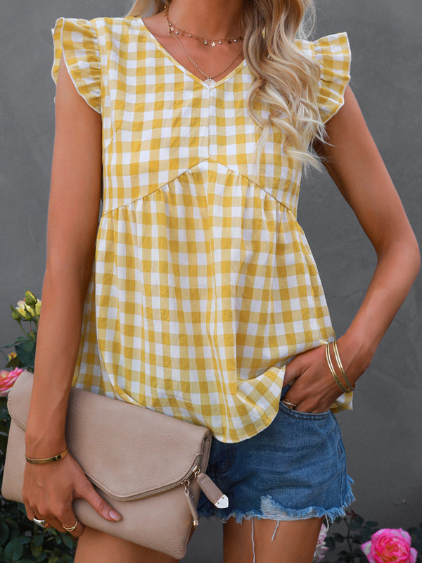 Women's V-neck sleeveless Plaid top - Closther